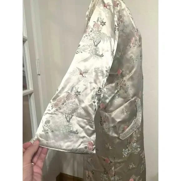 Vtg Gold Asian Satin Brocade Long Cheongsam Robe Jacket Embroidered Floral Sz XL - Picture 9 of 13